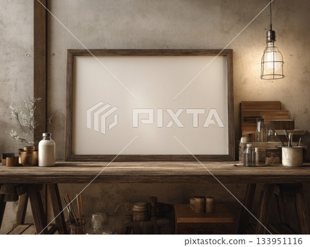 Horizontal Poster Mockup in Vintage Rustic Artist Workshop Horizontal Poster Mockup in Vintage Rustic Artist Workshop 133951116