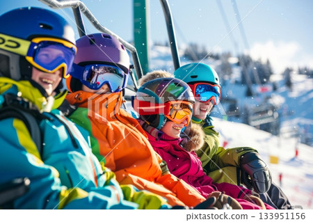 Family on a ski lift on a sunny winter day Family on a ski lift on a sunny winter day 133951156