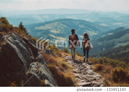 Couple Hiking on Mountain Trail 133951193