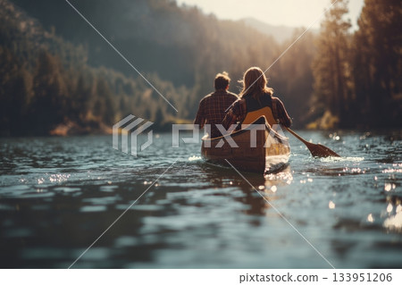 Couple Paddling Canoe on Lake 133951206