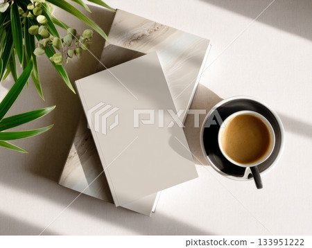 Minimal Open Magazine Mockup with Coffee and Greenery on White Desk 133951222