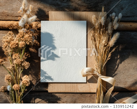 Rustic Invitation Mockup with Dried Flowers and Blank Card 133951242