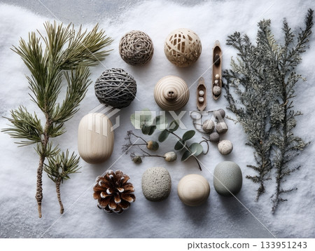 Scandinavian Christmas Still Life with Wooden Ornaments 133951243
