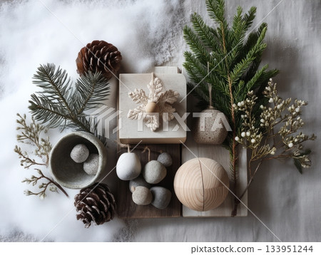 Scandinavian Christmas Still Life with Wooden Ornaments 133951244
