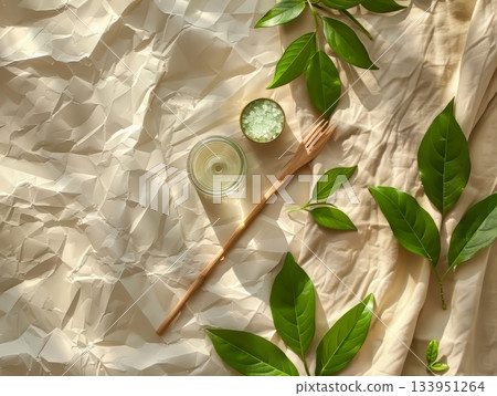 Natural light kitchen scene with leaves and jars 133951264