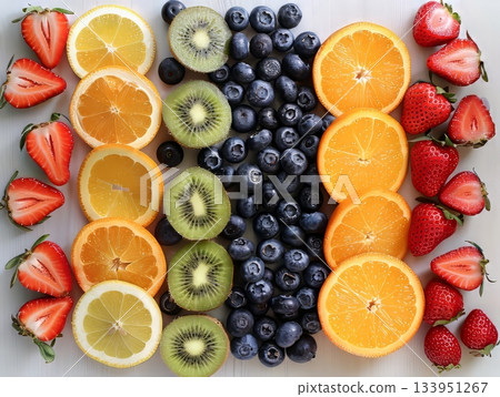 Fresh sliced fruits flatlay Fresh sliced fruits flatlay 133951267