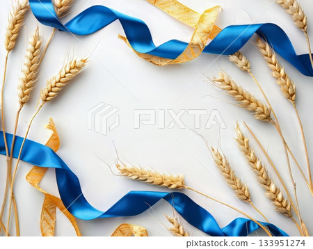 Wheat ears with yellow and blue ribbon 133951274