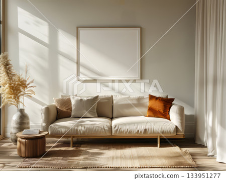 Modern beige sofa with pillows in cozy minimalist interior Modern beige sofa with pillows in cozy minimalist interior 133951277