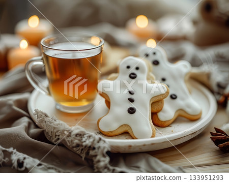 Halloween ghost cookies with tea and candles 133951293