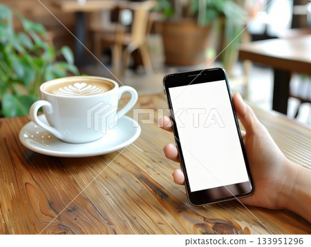 Coffee break with smartphone at cozy cafe 133951296