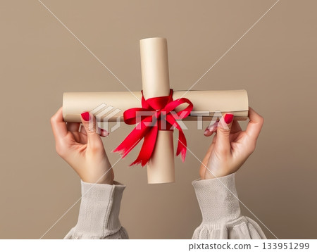 Scroll with red ribbon in hands on background 133951299