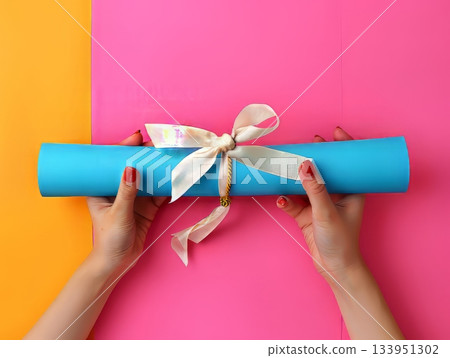 Scroll with red ribbon in hands on background 133951302