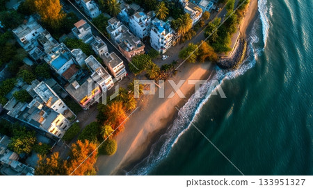 Aerial Coastal Town at Sunset 133951327