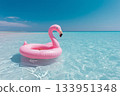 Pink Flamingo Float on Turquoise Sea 133951348