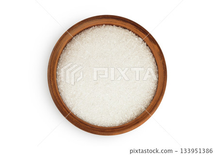 White sugar in ceramic bowl isolated on white background. Top view. Flat lay White sugar in ceramic bowl isolated on white background. Top view. Flat lay 133951386