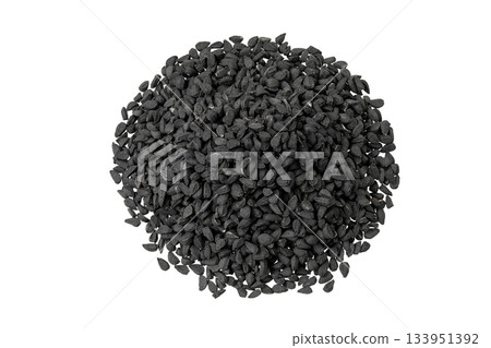Nigella sativa or Black cumin isolated on white background. Top view. Flat lay Nigella sativa or Black cumin isolated on white background. Top view. Flat lay 133951392