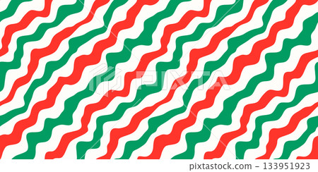 Warped, distorted diagonal stripes seamless vector pattern, Psychedelic striped red and green Christmas background Warped, distorted diagonal stripes seamless vector pattern, Psychedelic striped red and green Christmas background 133951923