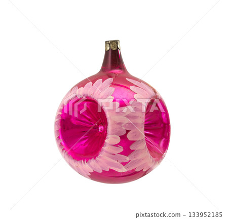 Vintage pink glass Christmas ornament with two indented sides and hand-painted white floral-style strokes. 133952185