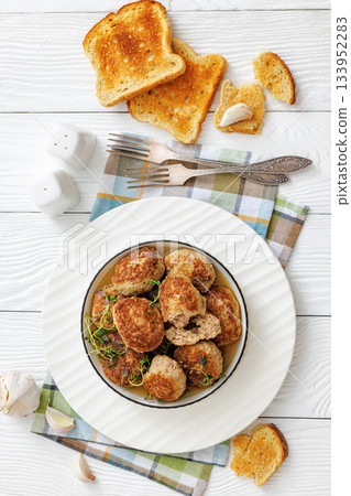 frikadellen, Minced Meat Patties in white bowl 133952283