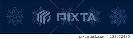 Blue halftone sparkling snowflakes in stipple effect. Winter elements with dotted transparent texture, perfect for Christmas designs, holiday cards, mixed media collages, or retro digital art. Vector 133952480