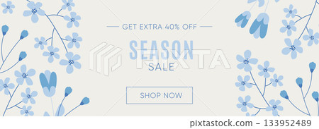 Season sale banner with blue floral illustration and minimalist layout Season sale banner with blue floral illustration and minimalist layout 133952489