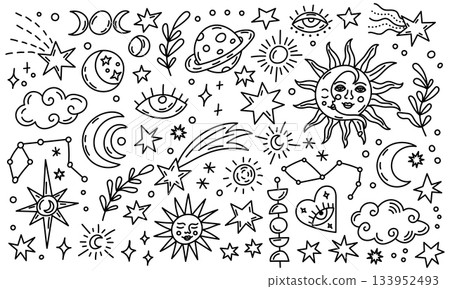 Cosmic doodle set with stars, planets, moons and mystical celestial symbols 133952493