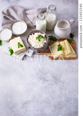 Dairy products. Milk, cottage cheese, cream, butter and yogurt Dairy products. Milk, cottage cheese, cream, butter and yogurt 133952540