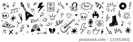 Rock and roll music icons with punk guitar stickers, grunge skulls, hand gestures, stars and tattoo style band symbols. Hand drawn grunge doodle style rock music icons. Vector 133952601