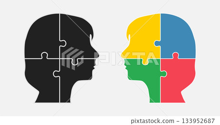 Head woman and man made puzzle pieces, education 133952687