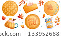 A set of autumn sweets and pastries on a white background. The concept of autumn and harvest. Isolated vector illustration for the design of postcards, clothing, textiles, banners and posters. 133952688
