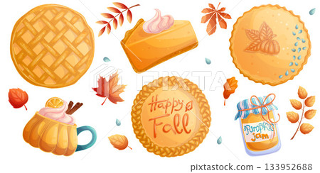 A set of autumn sweets and pastries on a white background. The concept of autumn and harvest. Isolated vector illustration for the design of postcards, clothing, textiles, banners and posters. A set of autumn sweets and pastries on a white background. The concept of autumn and harvest. Isolated vector illustration for the design of postcards, clothing, textiles, banners and posters. 133952688
