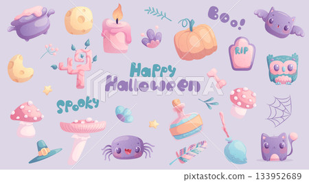 A set of isolated "Happy Halloween" design elements. Ghost, cat, pumpkin, bat, spider, spider web, fly agaric, potion, owl, witch's cauldron, broom. Hand-drawn vector illustration. A set of isolated "Happy Halloween" design elements. Ghost, cat, pumpkin, bat, spider, spider web, fly agaric, potion, owl, witch's cauldron, broom. Hand-drawn vector illustration. 133952689