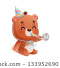 Funny happy cute bear is sitting in a festive hat on a white background. The concept of congratulations, birthday. Cartoon children's vector illustration for the design of postcards, cards, stickers 133952690