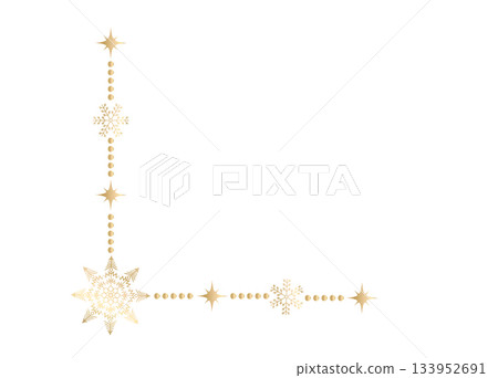 Decorative gold snowflake corner trim with small sparkling stars. Minimal elegant holiday border for invitations, stationery, festive branding and winter graphic projects. Vector illustration. Decorative gold snowflake corner trim with small sparkling stars. Minimal elegant holiday border for invitations, stationery, festive branding and winter graphic projects. Vector illustration. 133952691