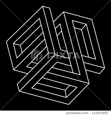 Impossible shapes. Sacred geometry. Optical illusion figures. Abstract eternal geometric object. Impossible endless outline. Line art. Optical art. Impossible geometry shape on a black background. 133952887