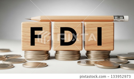 FDI concept represented with wooden blocks and coins, illustrating financial growth and investment opportunities in a modern economic environment 133952973
