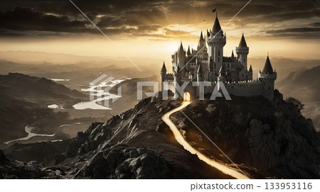 A dramatic black and gold fantasy scene of a castle and dragon at sunset, with mountains and rivers. Concept art for fantasy, video games, novels, worldbuilding, imagination, and mythology A dramatic black and gold fantasy scene of a castle and dragon at sunset, with mountains and rivers. Concept art for fantasy, video games, novels, worldbuilding, imagination, and mythology 133953116