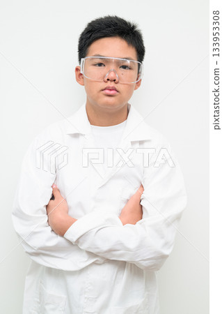 Young Asian Boy Dressed as Scientist with Lab Coat Arms Crossed 133953308