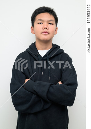 Asian Teenage Boy in Hoodie Studio Portrait on White Background 133953422
