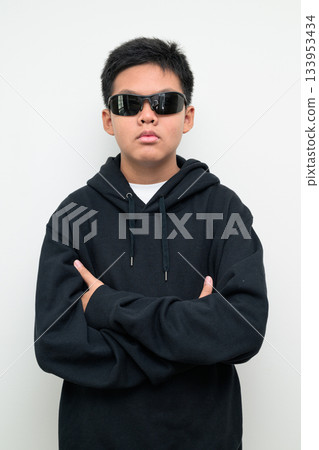 Asian Teenage Boy in Hoodie Wearing Sunglasses 133953434