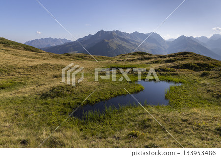 Exploring the wetlands of Europaschutzgebiet Verwall at Grasjoch in Sankt Gallenkirch during a sunny day in summer Exploring the wetlands of Europaschutzgebiet Verwall at Grasjoch in Sankt Gallenkirch during a sunny day in summer 133953486