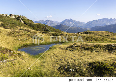 View of wetland area in Verwall conservation area near Grasjoch mountain station in Montafon region, Austria during clear sunny day 133953487