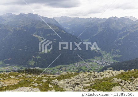 View of Sankt Gallenkirch from the Wormser high trail in Montafon, Vorarlberg, Austria during a cloudy day 133953503