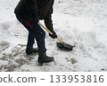 Closeup Of Worker Removing Snow From Outdoor Walkway 133953816