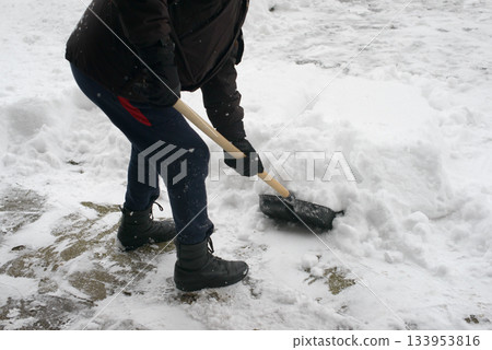 Closeup Of Worker Removing Snow From Outdoor Walkway Closeup Of Worker Removing Snow From Outdoor Walkway 133953816