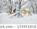 Empty Winter Playground Covered In Fresh Snow 133953818