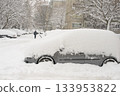 Vehicles Buried In Heavy Snow As Person Walks Along Winter Street 133953822