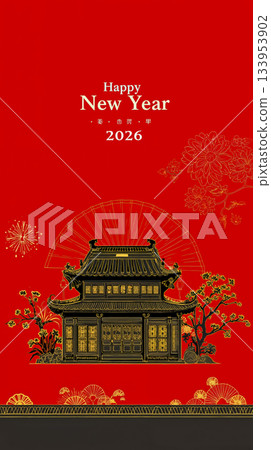 A chinese new year card with a chinese building and fireworks 133953902