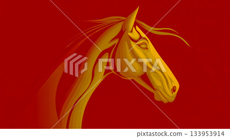 A golden horse head on a red background A golden horse head on a red background 133953914