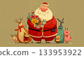 A cartoon Santa Claus holding a bag full of presents surrounded by animals 133953922